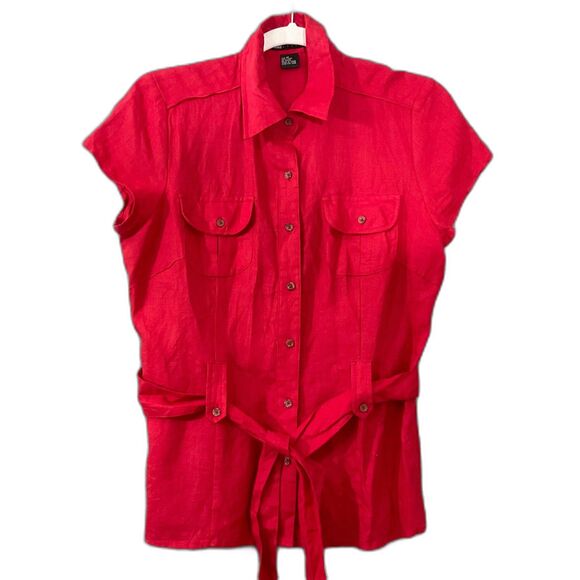 Carole Little 100% Linen Belted button up Blouse Top Women M Red Career Coastal - Picture 1 of 7